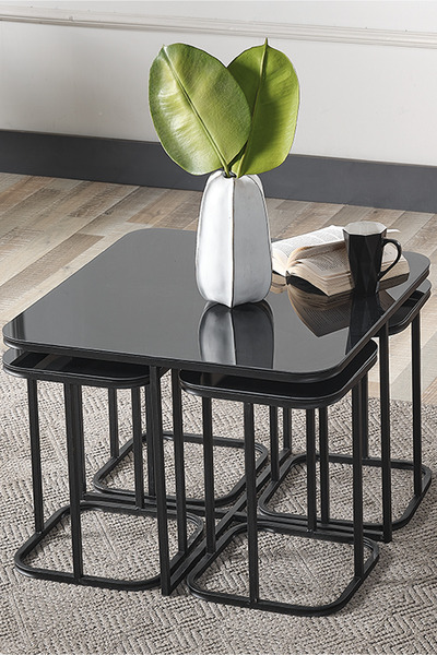 SEDAŞ LIVING UNITS 5 Li Iç Içe 4 1 Siyah Aynalı Temperli Cam Siyah Metal Ayak...