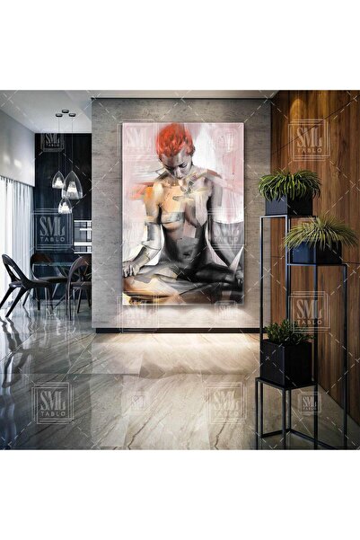 SML TABLO Turuncu Saçlı Yoga Yapan Nü Kadın Dikey Kanvas Tablo