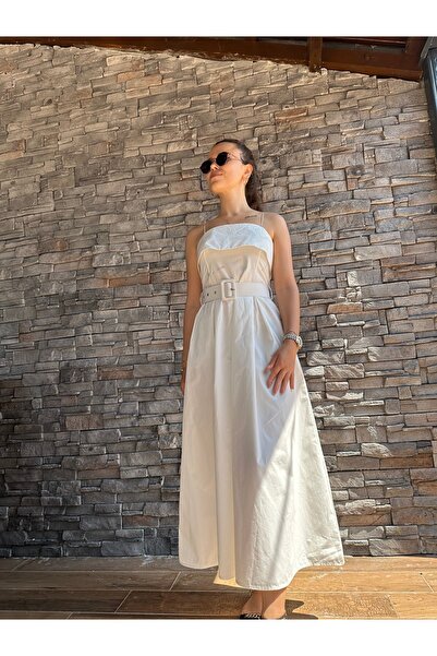 Lidya Collection Beyaz Kemerli Askılı Elbise