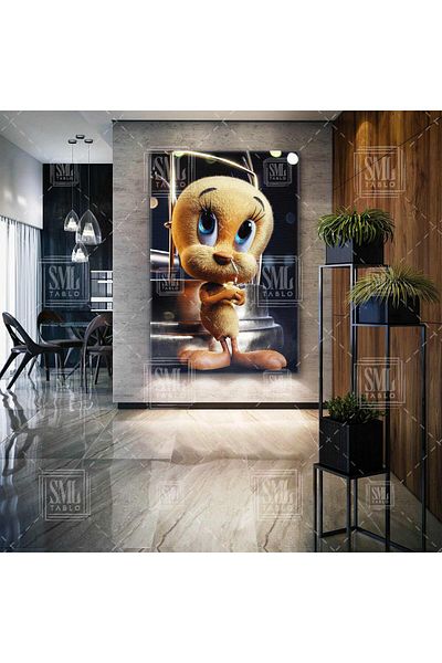 SML TABLO Χαριτωμένο κοτόπουλο Tweety Κάθετη ζωγραφική σε καμβά μπροστά από το δικτυωτό πλέγμα