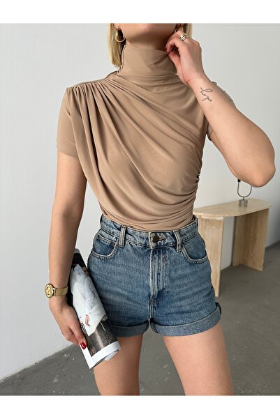 peralist Γυναικεία Μπλούζα Μπεζ ψηλός λαιμός λεπτομέρεια με σούρες ελαστικό ύφασμα Σαντί