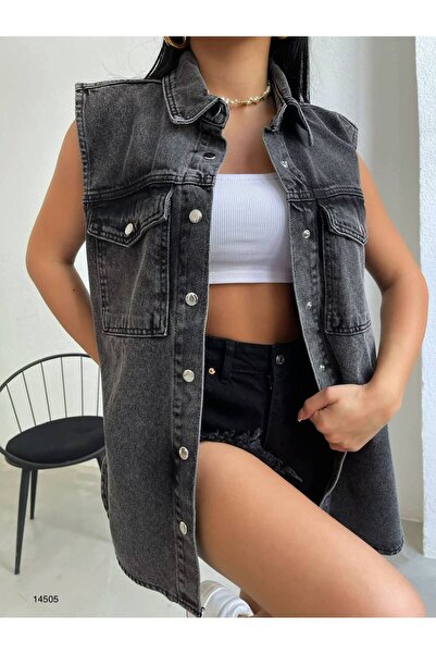 Veryperi Anthracite Shirt Collar Pocket Detailed 100% Cotton Denim Vest Jacket Women's