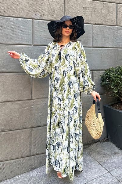 ASEDE 100% Viscose Bohemian Alaçatı Dress Buttoned Viscose Dress Suitable for Hijab