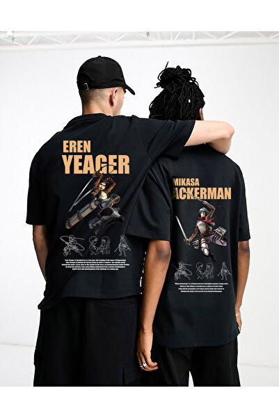darkopia Sevgili & Arkadaş Çift Kombini Eren Yeager & Mikasa Ackerman Baskılı Tasarım Oversize T-shirt 2 li