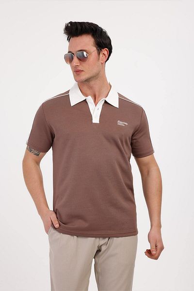 Decas TRENDY Βαμβακερό μπλουζάκι με γιακά πόλο - καφέ