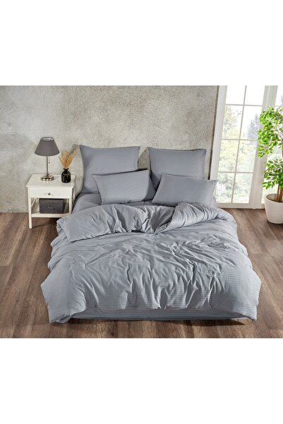 Beğenal Striped Satin (Anthracite) Double Duvet Cover Set