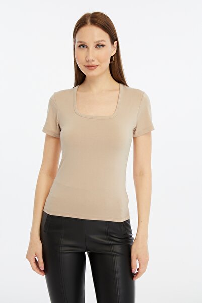 LAENT Γυναικεία Κρεμ τετράγωνη μπλούζα με κοντό μανίκι