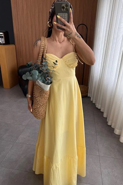 MEECY Rochie galbenă din popelin cu volane de damă