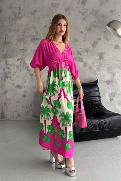 azra moda Patterned Woven Viscose Dress V-Collar Pink