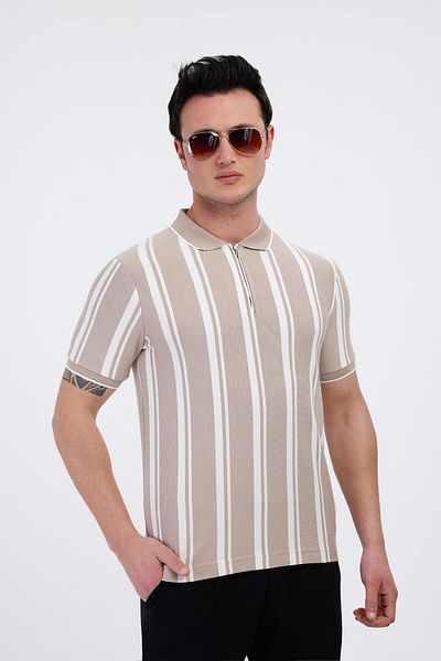 Decas LUXOR Polo Neck ριγέ βαμβακερό μπλουζάκι - Μπεζ