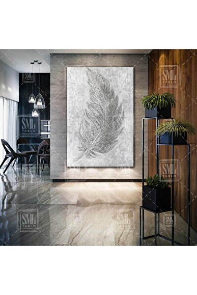 SML TABLO Gri Mermer Efektli Kuş Tüyü Fosil Dikey Kanvas Tablo