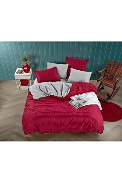 Beğenal Set de lenjerie de pat dublu din satin cu dungi (ROȘU-GRIS)