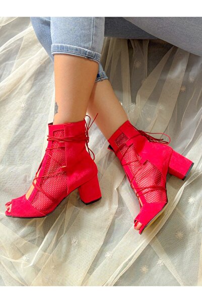 BERFONA Smile Red Suede Mesh 5 cm Heel Summer Boots Sandals