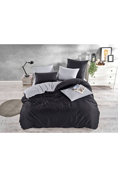 Beğenal Striped Satin (Black-Gray) Double Duvet Cover Set