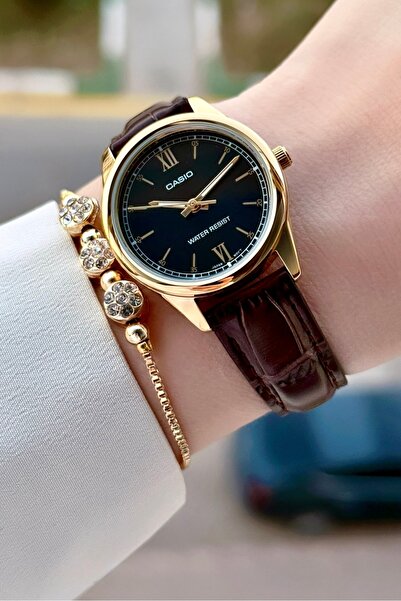 Casio Kasası Altın Kadranı Siyah Kordonu Kahverengi Renk 2 Yıl Garantili Kadın Kol Saati