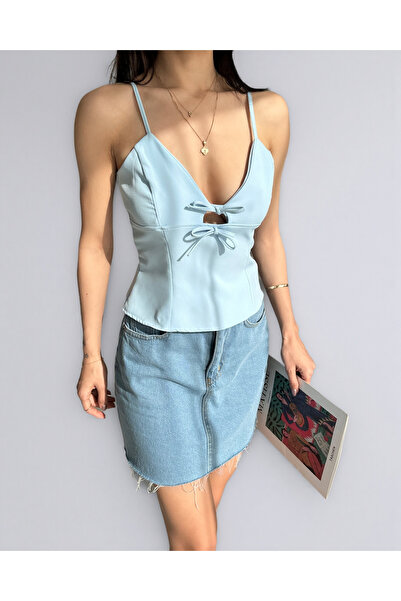 Caddebostan Moda Γυναικεία μαύρη μπλούζα από κρεπ με λουράκια και λεπτομέρεια φιόγκου στο στήθος