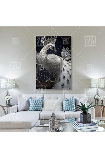SML TABLO Değerli Taşlarla Süslü Tavus Kuşu Safir İnci Kristal Asil Kuş Dikey...