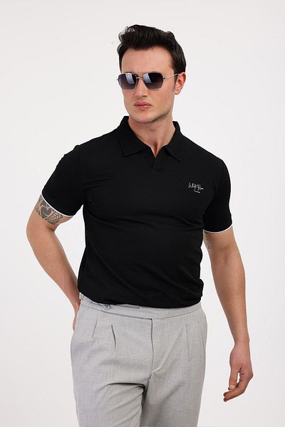 Decas Βαμβακερό μπλουζάκι με γιακά Polo STYLE - Μαύρο
