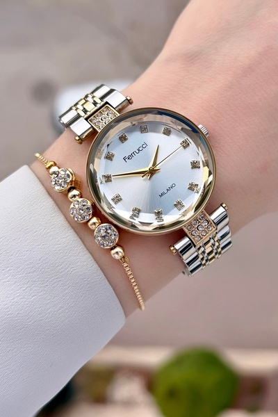 Ferrucci Gri Gold Renk Kadın Kol Saati Ve Bileklik