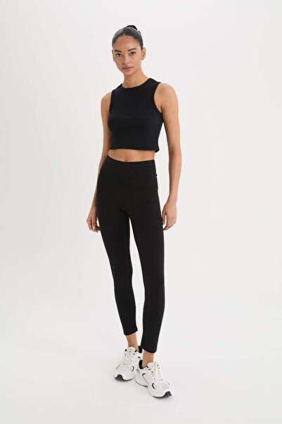DeFacto Fit Siyah Yüksek Bel Beli Saran Pamuklu Basic Düz Sporcu Tayt Z6327az25sp