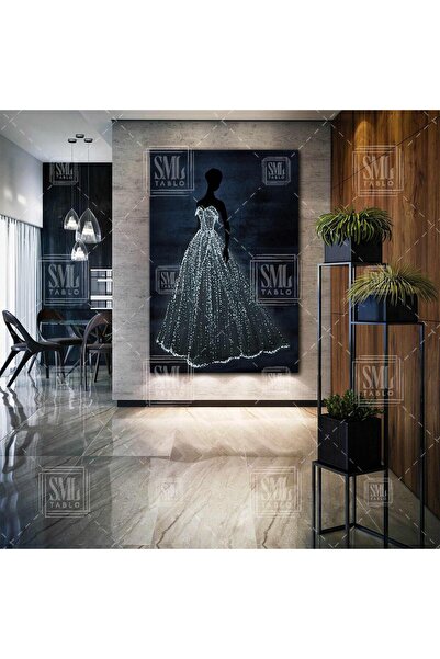 SML TABLO Siyah Gölge Kadın Üstündeki Parlayan Gelinlik Dikey Kanvas Tablo