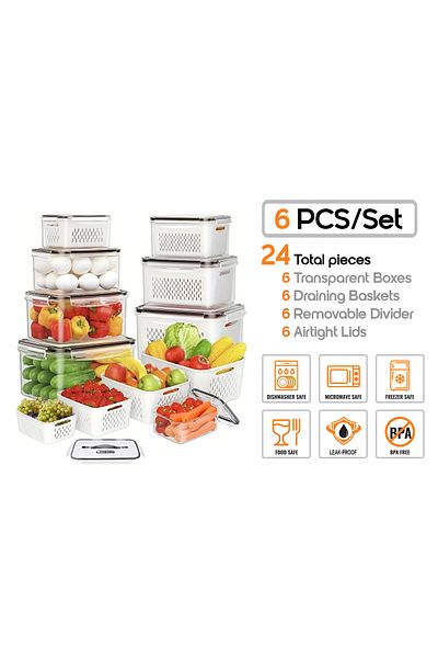 YAH Creation 6PCS YAH Kitchen Storage Boxes – Airtight, Microwave/Freezer Safe, with Baskets & Dividers and Lids