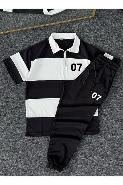woonkey Unisex Oversized 07 Printed Striped Half Zip Polo Collar Track Suit Cotton Set of 2