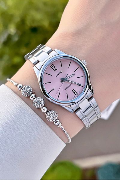 Casio Women's Wristwatch with Pink Dial Cord Metallic Color 24 Months Warranty