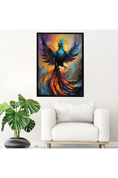 mixefor Imagine Canvas cu Rama -Decor de perete Phoenix Opțiune de cadru de culoare neagră și aurie