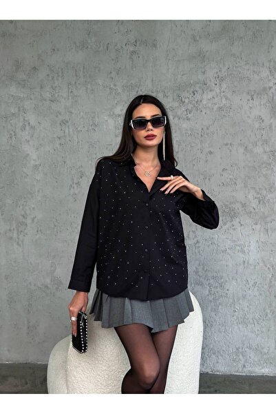 JESSE STORY Γυναικείο Μαύρο Πέτρινο Πουκάμισο Oversize Ποπλίνα Βαμβακερό ύφασμα