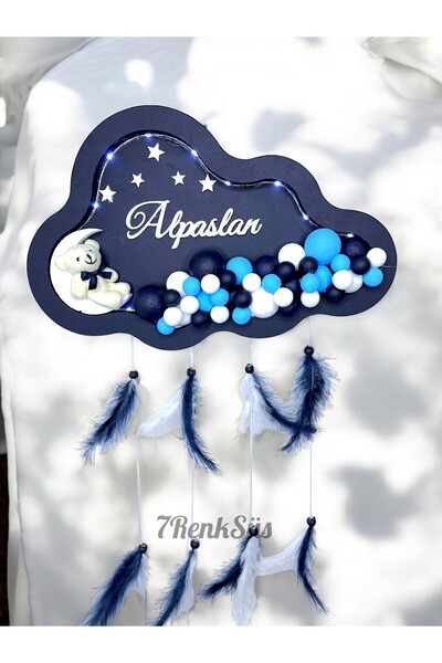 7Renk Kişiye Özel Işıklı Lacivert Kapı Süsü İsimli Bebek Odası Dekoru Ayıcıklı Bebek Kapı Panosu
