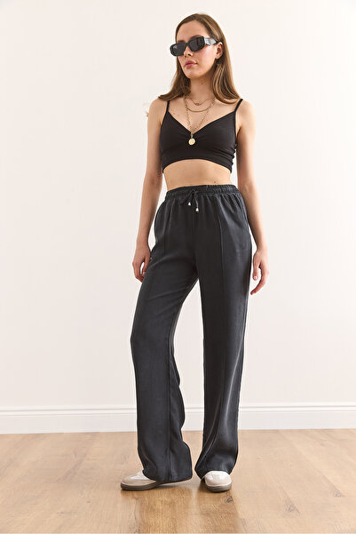 Olalook Kadın Antrasit Beli Lastikli Cepli Dökümlü Gabardin Pantolon PNT-19000336