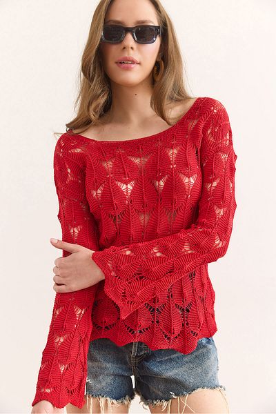 Olalook Women's Red Wide Collar Skirt Wavy Cotton Knitwear Blouse Blz-19002501