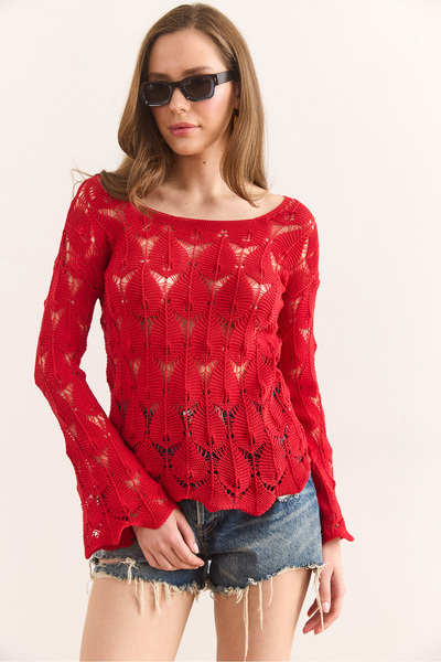 Olalook Kadın Kırmızı Geniş Yaka Eteği Dalgalı Pamuk Triko Bluz BLZ-19002501