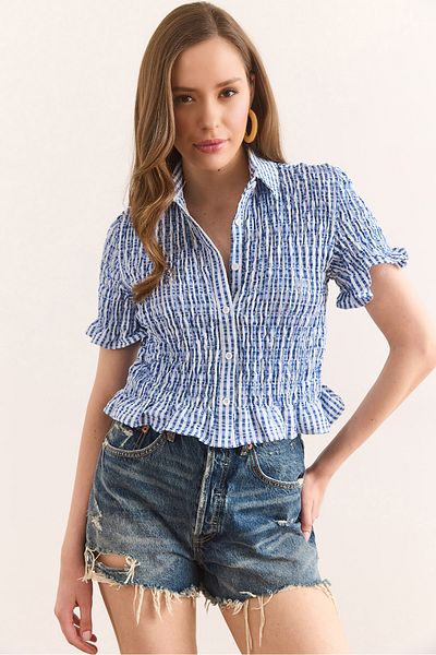 Olalook Cămașă de damă albastră Gipeli Crop din viscoză GML-19001331