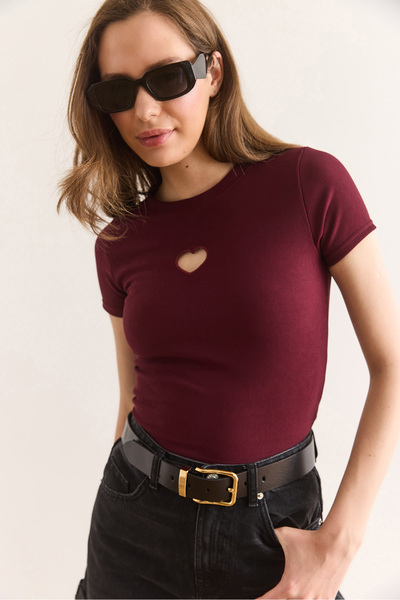 Olalook Women's Burgundy Heart Low-Cut Slim Corded Crop Blouse Blz-19002939