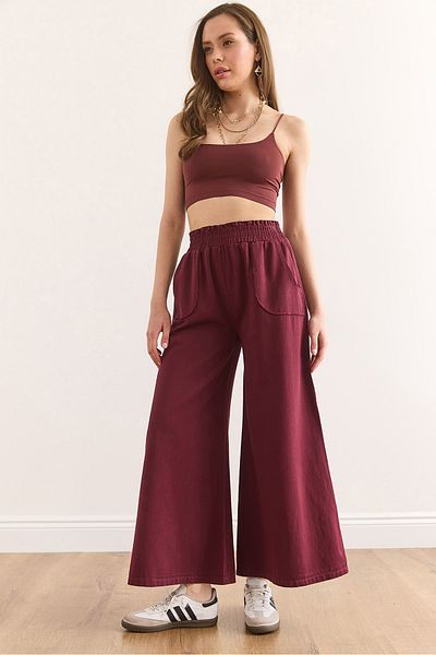 Olalook Women's Burgundy Elastic Waist Pocket Spanish Leg Cotton Gabardine Trousers Pnt-19000314