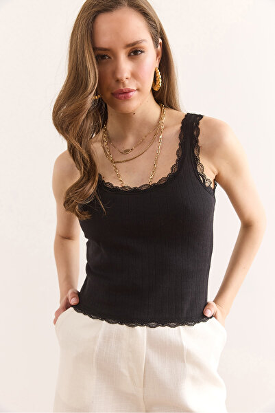 Olalook Women's Black Lace Detailed Openwork Cotton Crop Blouse Blz-19002941