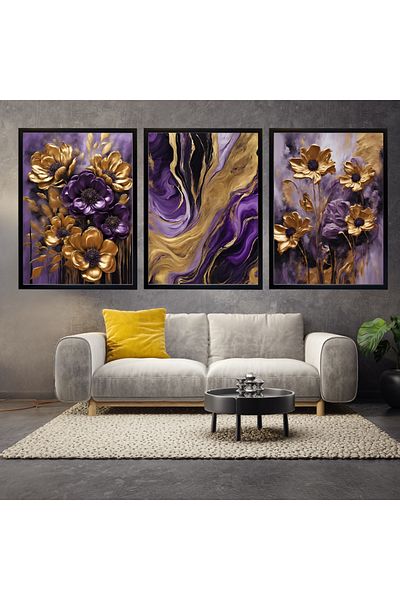 mixefor Poză imprimată pe pânză cu tematică florală - Set de 3 bucăți OPȚIUNE DE CADRU DE CULOARE NEGRU ȘI AUR