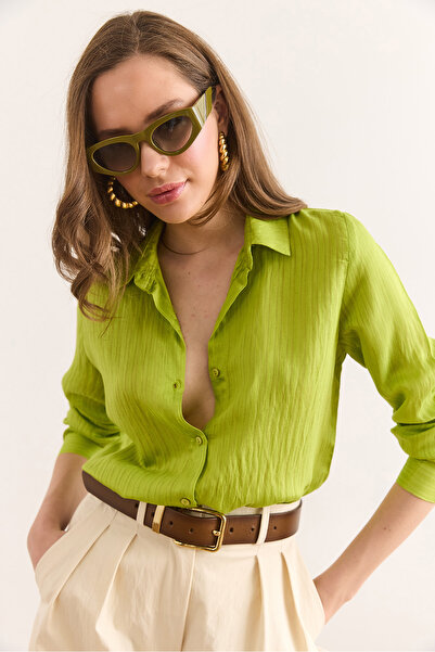 Olalook Women's Pistachio Green Thin Stripe Woven Shirt Gml-19001336