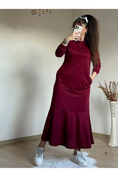 azra moda Hooded Skirt Ruffle Dress Burgundy