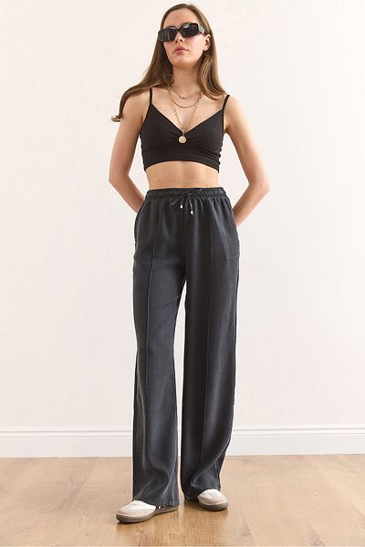 Olalook Women's Anthracite Elastic Waist Pocket Flowy Gabardine Trousers Pnt-19000336