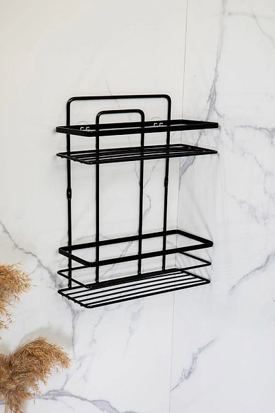 MAİN SHOP Ανοξείδωτο οργανωτή μπάνιου 2 επιπέδων με αυτοκόλλητο Lamalı Γωνιακό ράφι θήκης σαμπουάν Lş-02
