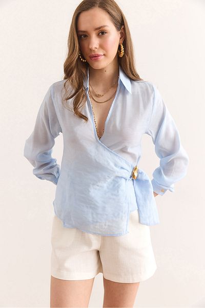 Olalook Γυναικεία Baby Blue Side Lacing Λεπτομερής Modal Μπλούζα BLZ-19002946