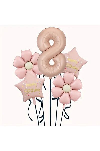 DÜVENCİ TİCARET Pink Daisy Star Foil Balloon Age Balloon Set