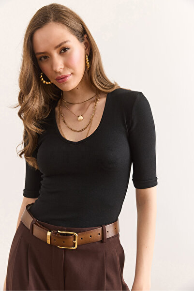 Olalook Kadın Siyah Derin V Yaka Duble Kol Esnek Pamuk Bluz BLZ-19002951