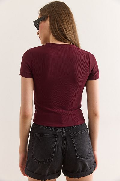 Olalook Bluză de damă, burgundă, cu inimă, decoltată, subțire, cu nervuri, BLZ-19002939