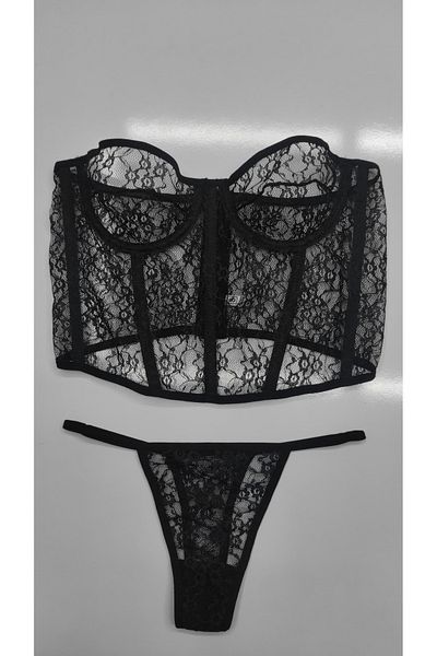 RUYAZ Stylish Black Lace Embroidered Strapless Corset Thong Suit Women's Lingerie