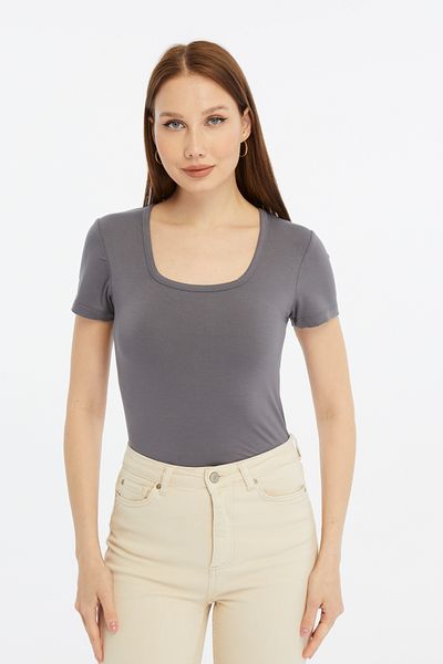 LAENT Women's Anthracite Gray Square Neck Short Sleeve Blouse