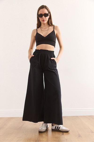 Olalook Women's Black Elastic Waist Pocket Flared Leg Cotton Gabardine Trousers Pnt-19000314